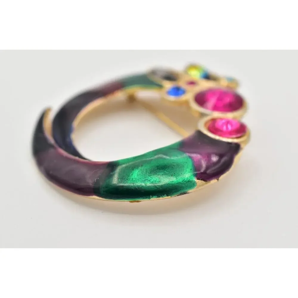 ECD Vintage Crystal Brooch Pin Multi-Color Enamel Gold Chunky 1980s Signed BinBG